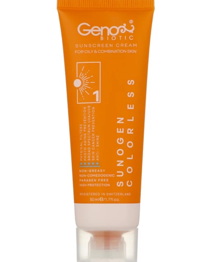 کرم ضد آفتاب بی رنگ ژنوبایوتیک SPF 50 مدل 01 مناسب پوست های مختلط و چرب حجم 50 میلی لیتر