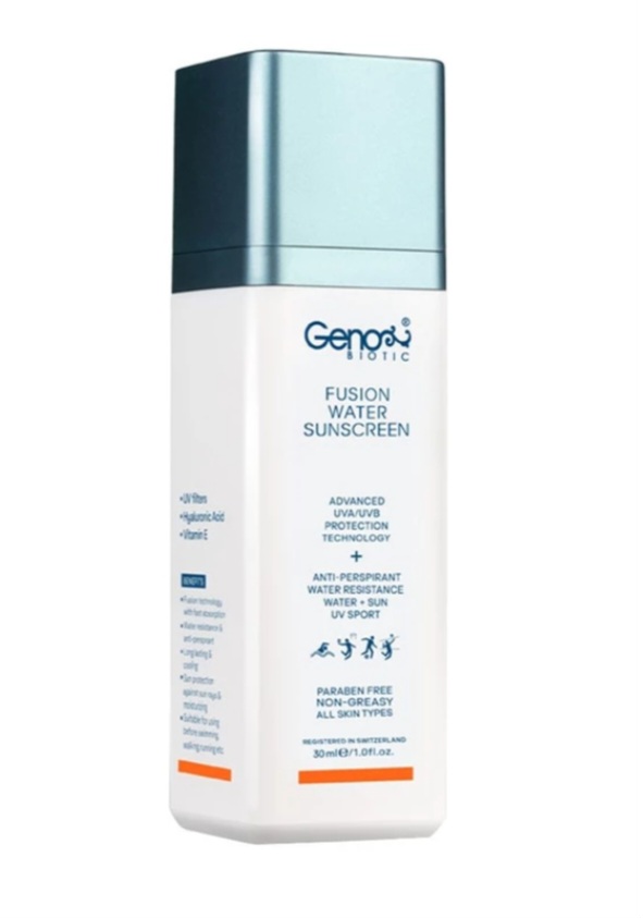کرم ضد آفتاب بی رنگ ژنوبایوتیک مدل Fusion water مناسب انواع پوست حجم 30 میلی لیتر